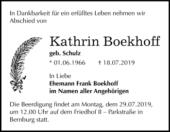 Traueranzeige von Kathrin Boekhoff von Super Sonntag Bernburg