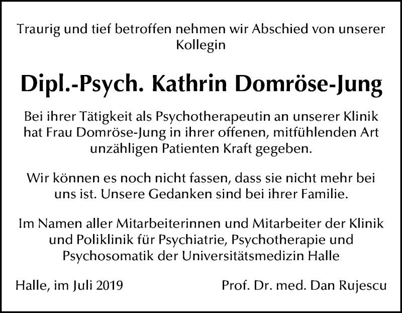  Traueranzeige für Kathrin Domröse-Jung vom 13.07.2019 aus Mitteldeutsche Zeitung Halle/Saalkreis