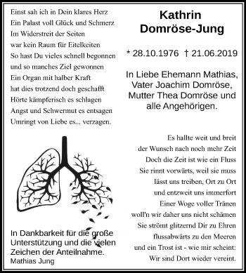 Traueranzeige von Kathrin Domröse-Jung von Mitteldeutsche Zeitung Aschersleben
