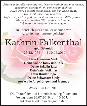 Traueranzeige von Kathrin Falkenthal von Wochenspiegel Naumburg/Nebra