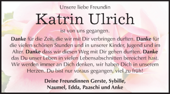 Traueranzeige von Katrin Ulrich von Mitteldeutsche Zeitung Wittenberg