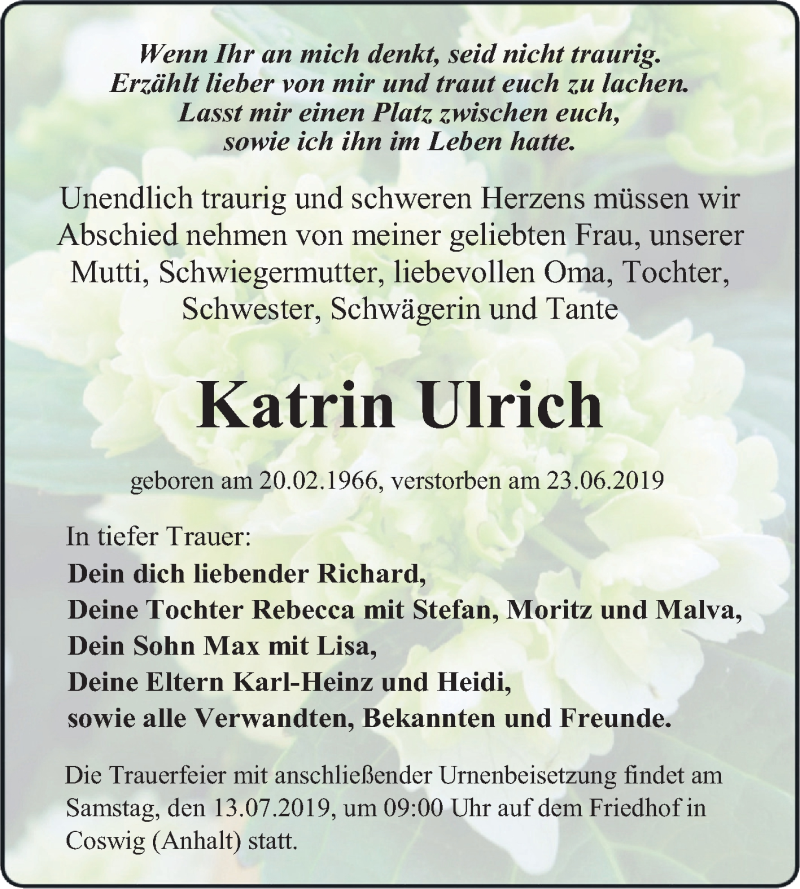  Traueranzeige für Katrin Ulrich vom 06.07.2019 aus Super Sonntag Wittenberg