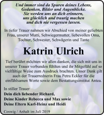 Traueranzeige von Katrin Ulrich von Mitteldeutsche Zeitung Wittenberg