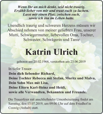 Traueranzeige von Katrin Ulrich von Super Sonntag Wittenberg