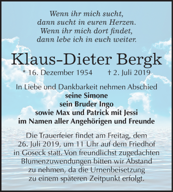 Traueranzeige von Klaus-Dieter Bergk von Mitteldeutsche Zeitung Weißenfels