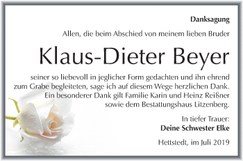 Traueranzeige von Klaus-Dieter Beyer von Super Sonntag Mansfelder Land