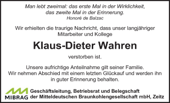 Traueranzeige von Klaus-Dieter Wahren von Mitteldeutsche Zeitung Weißenfels