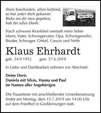 Traueranzeige von Klaus Ehrhardt von Super Sonntag Sangerhausen
