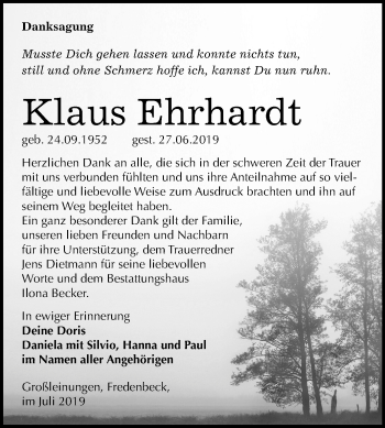 Traueranzeige von Klaus Ehrhardt von Mitteldeutsche Zeitung Sangerhausen