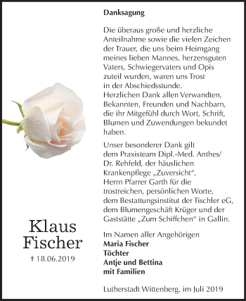 Traueranzeige von Klaus Fischer von Mitteldeutsche Zeitung Wittenberg