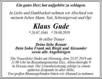 Traueranzeige von Klaus Gude von Super Sonntag Dessau-Roßlau
