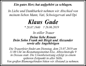 Traueranzeige von Klaus Gude von Mitteldeutsche Zeitung Dessau-Roßlau