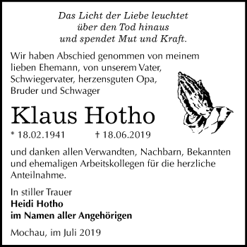 Traueranzeige von Klaus Hotho von Super Sonntag Wittenberg