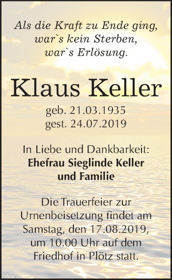 Traueranzeige von Klaus Keller von Mitteldeutsche Zeitung Halle/Saalkreis
