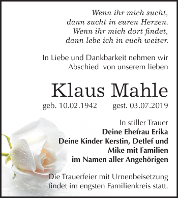 Traueranzeige von Klaus Mahle von Wochenspiegel Bitterfeld