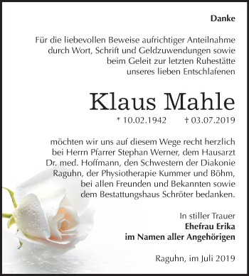 Traueranzeige von Klaus Mahle von Wochenspiegel Bitterfeld