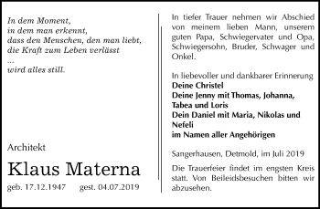 Traueranzeige von Klaus Materna von Mitteldeutsche Zeitung Sangerhausen
