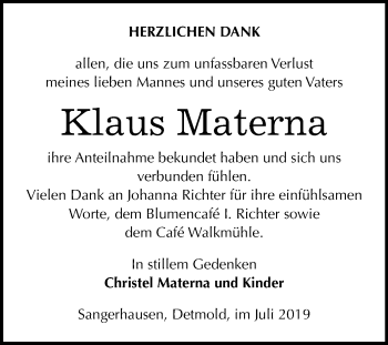 Traueranzeige von Klaus Materna von Mitteldeutsche Zeitung Sangerhausen