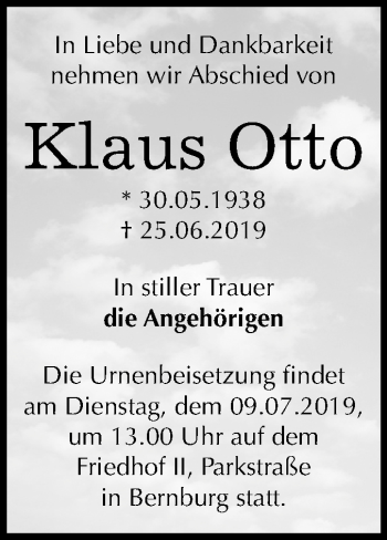 Traueranzeige von Klaus Otto von Mitteldeutsche Zeitung Bernburg