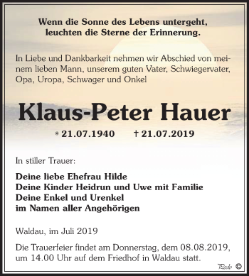 Traueranzeige von Klaus-Peter Hauer von Mitteldeutsche Zeitung Zeitz