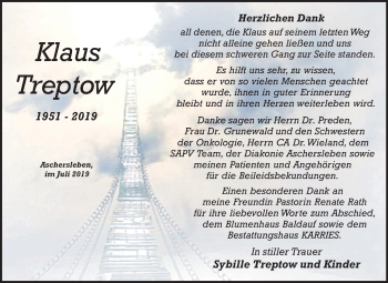 Traueranzeige von Klaus Treptow von Mitteldeutsche Zeitung Aschersleben