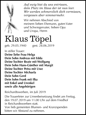Traueranzeige von Klaus Töpel von Wochenspiegel Weißenfels