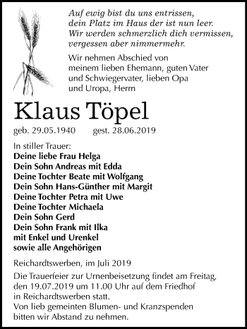 Traueranzeige von Klaus Töpel von Mitteldeutsche Zeitung Weißenfels