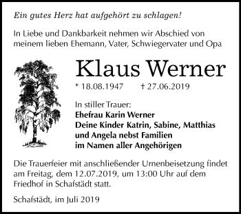 Traueranzeige von Klaus Werner von Super Sonntag Merseburg/Querfurt