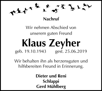 Traueranzeige von Klaus Zeyher von Mitteldeutsche Zeitung Halle/Saalkreis