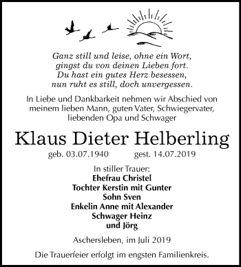 Traueranzeige von Klaus Dieter Helberling von Super Sonntag Aschersleben