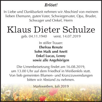 Traueranzeige von Klaus Dieter Schulze von Wochenspiegel Weißenfels