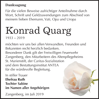 Traueranzeige von Konrad Quarg von Super Sonntag Zeitz