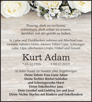 Traueranzeige von Kurt Adam von Mitteldeutsche Zeitung Halle/Saalkreis
