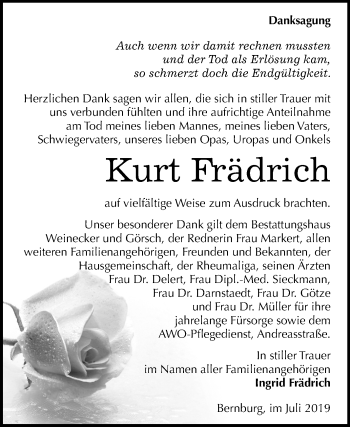 Traueranzeige von Kurt Frädrich von Mitteldeutsche Zeitung Bernburg