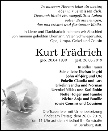 Traueranzeige von Kurt Frädrich von Super Sonntag Bernburg