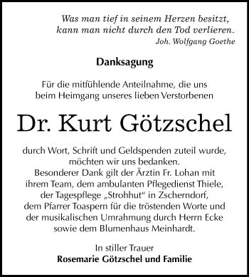 Traueranzeige von Kurt Götzschel von Wochenspiegel Bitterfeld