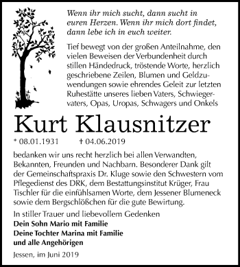 Traueranzeige von Kurt Klausnitzer von Super Sonntag Wittenberg