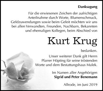 Traueranzeige von Kurt Krug von Wochenspiegel Quedlinburg
