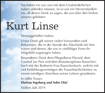 Traueranzeige von Kurt Linse von Wochenspiegel Naumburg/Nebra