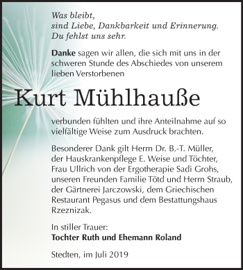 Traueranzeige von Kurt Mühlhauße von Mitteldeutsche Zeitung Mansfelder Land