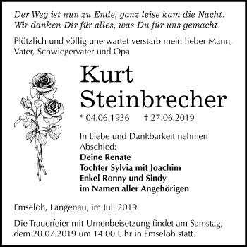 Traueranzeige von Kurt Steinbrecher von Super Sonntag Sangerhausen