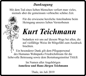 Traueranzeige von Kurt Teichmann von Mitteldeutsche Zeitung Quedlinburg