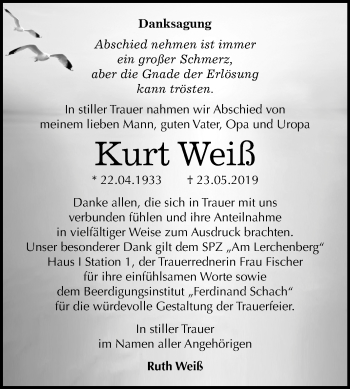Traueranzeige von Kurt Weiß von Mitteldeutsche Zeitung Wittenberg