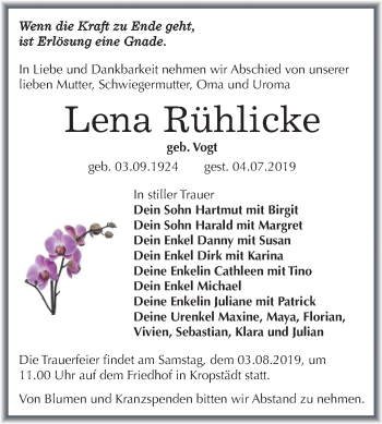Traueranzeige von Lena Rühlicke von Super Sonntag Wittenberg