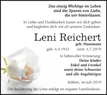 Traueranzeige von Leni Reichert von Super Sonntag Köthen