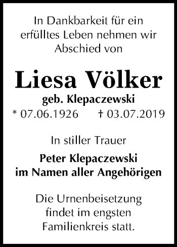 Traueranzeige von Liesa Völker von Super Sonntag Bernburg
