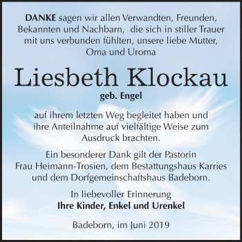 Traueranzeige von Liesbeth Klockau von Mitteldeutsche Zeitung Quedlinburg