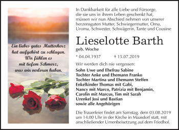 Traueranzeige von Lieselotte Barth von Super Sonntag Köthen
