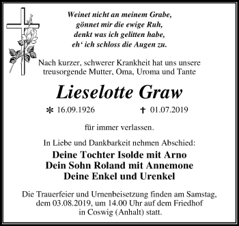 Traueranzeige von Lieselotte Graw von Mitteldeutsche Zeitung Wittenberg