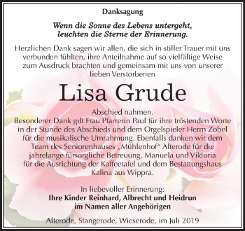 Traueranzeige von Lisa Grude von Super Sonntag Mansfelder Land / Quedlinburg